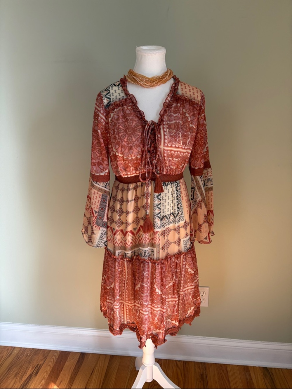 Miss Me Rust and Cream Patchwork Tie-Front Tiered Dress